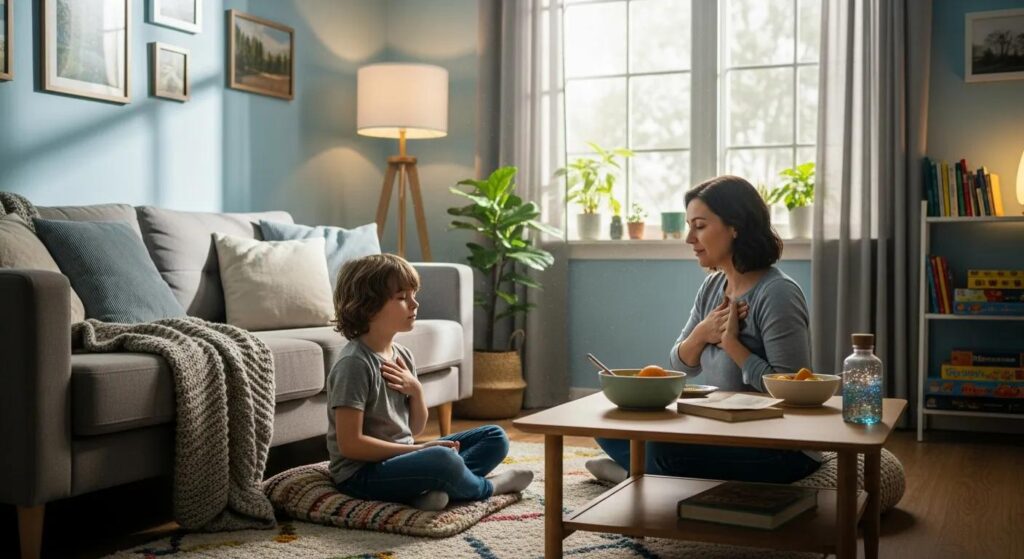 Parent and child practicing emotional regulation techniques in a cozy living room