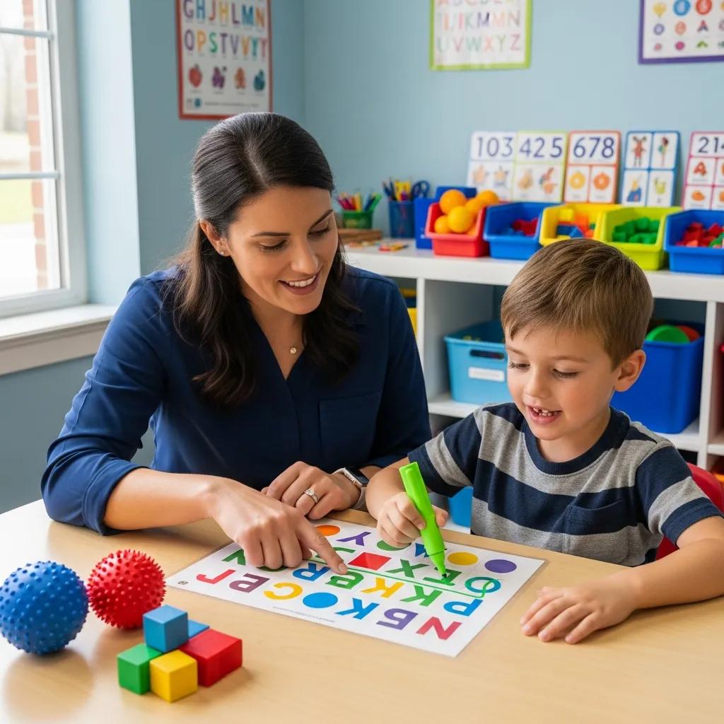 Occupational therapist engaging with a child in visual tracking exercises using colorful letters to enhance reading skills, surrounded by educational toys in a bright classroom setting.