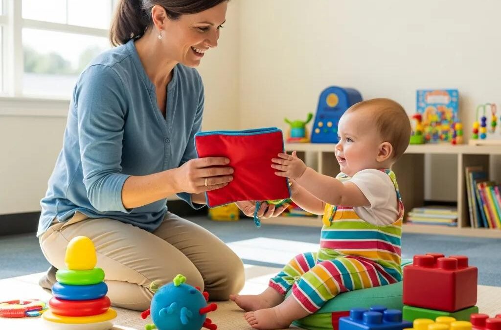 Occupational therapist engaging with an infant using colorful toys to enhance motor skills and promote early childhood development.