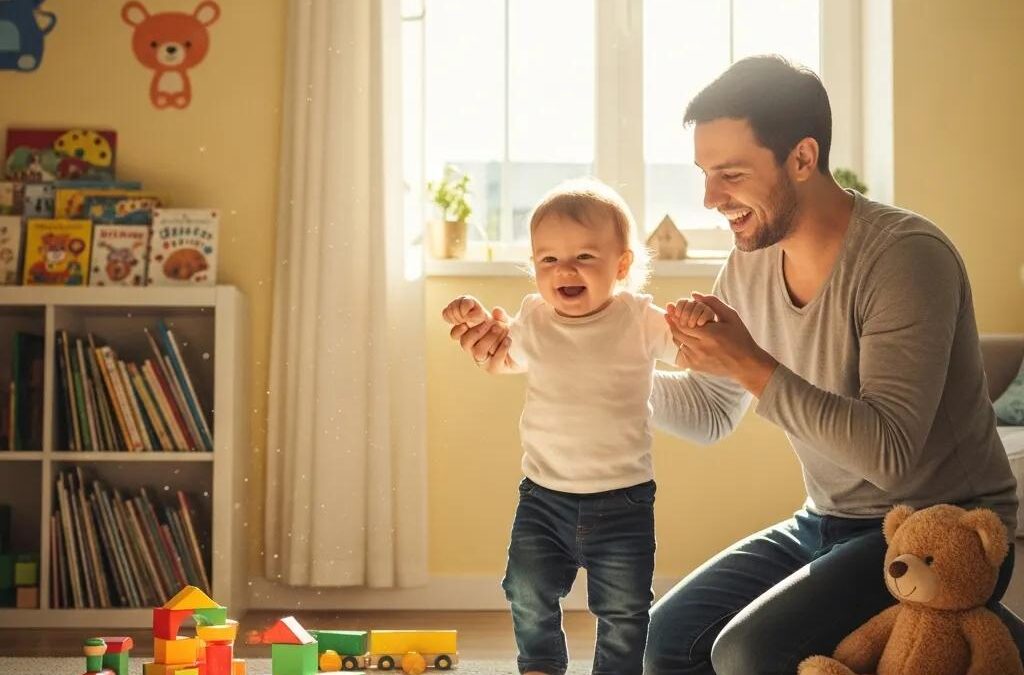 Father and toddler engaging in play, highlighting developmental milestones in a nurturing environment with colorful toys and books in the background.