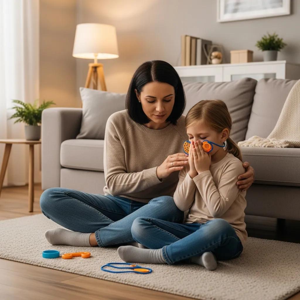 Mother and child practicing calming techniques together in a cozy living room, focusing on emotional regulation and stress coping strategies.
