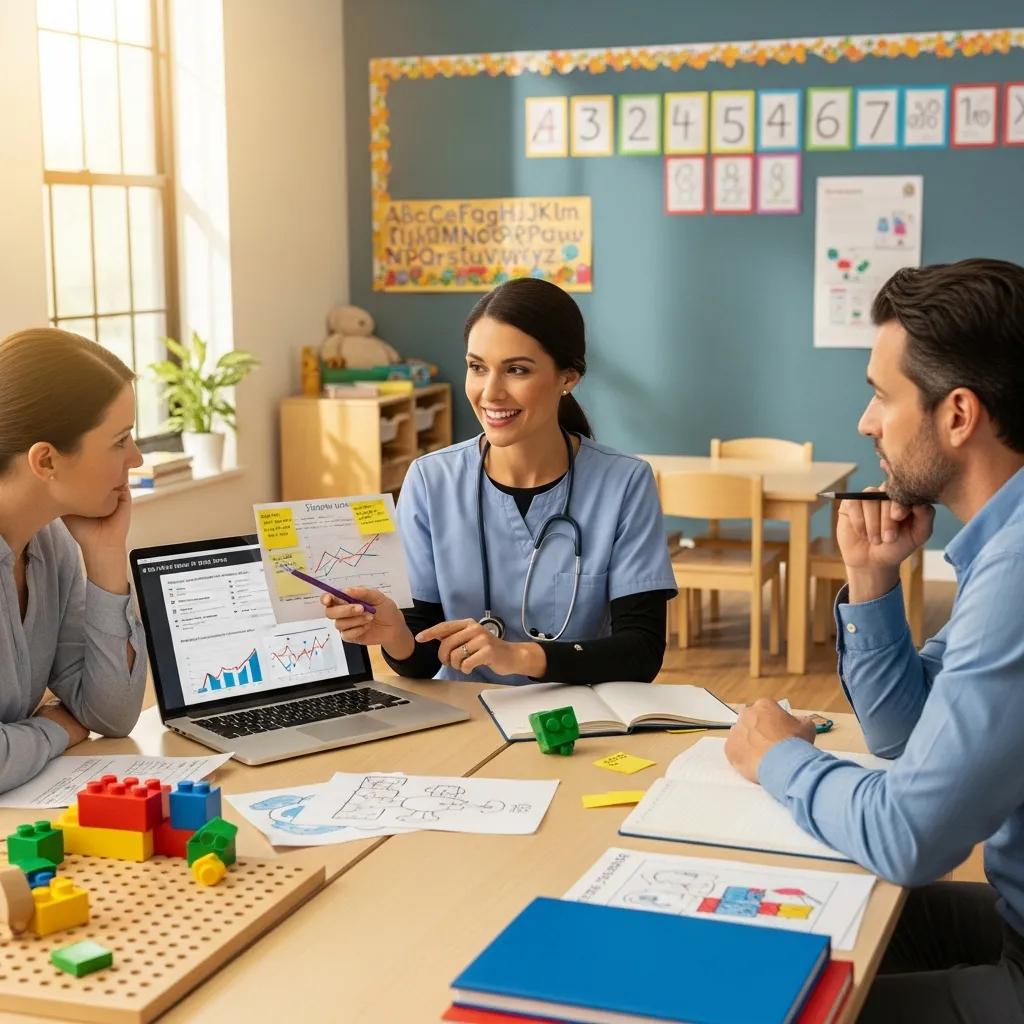 Pediatric occupational therapist discussing a child's therapy progress with a parent and teacher in a school setting, using charts and play-based materials to enhance collaboration and support developmental goals.
