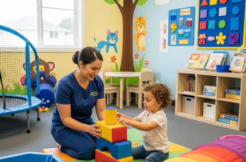 Pediatric occupational therapy session with therapist and child engaging in play with colorful building blocks in a vibrant therapy room.