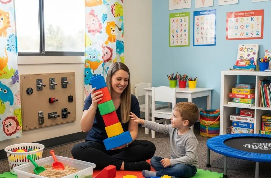 Pediatric occupational therapy session with a therapist and child using colorful building blocks in a playful, engaging environment.