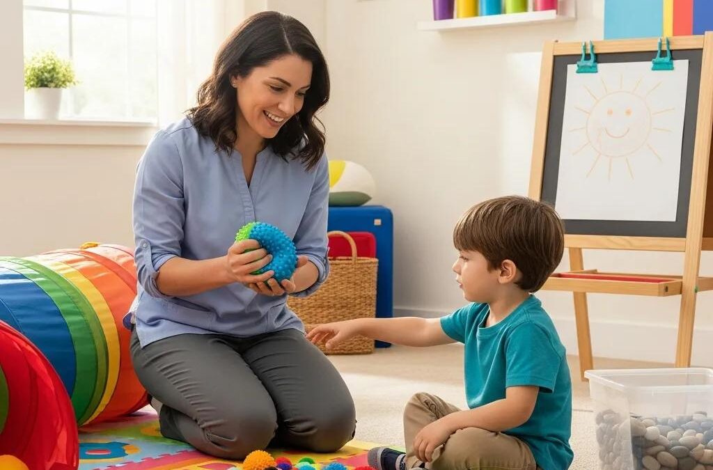 Pediatric occupational therapy session with therapist and child using sensory toys for emotional regulation and coping skills development.