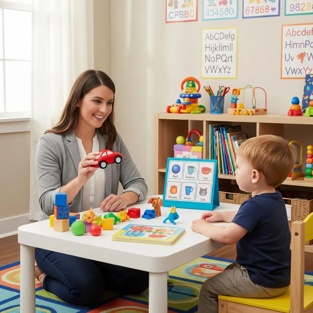 Pediatric speech therapist conducting an evaluation with a toddler using toys, visual aids, and interactive play to assess communication skills at Skill Point Therapy.