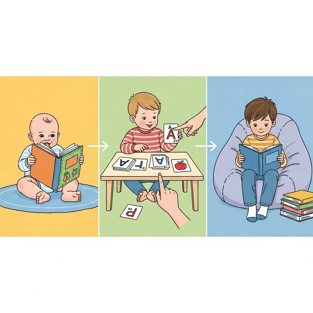 Illustration of reading milestones: a baby reading a board book, a toddler engaged in phonics activities with letter cards, and a young boy reading independently, depicting progression in literacy development.