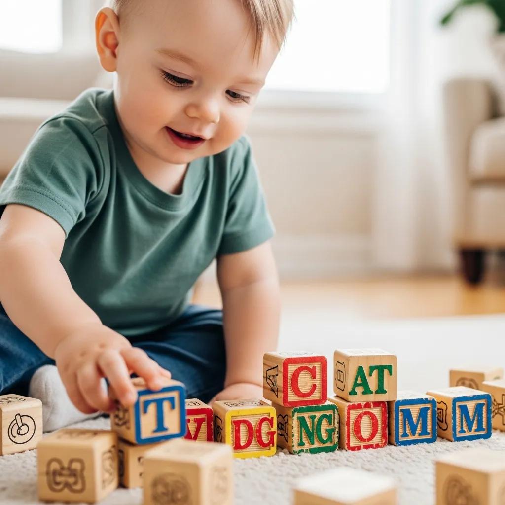 Toddler playing with colorful alphabet blocks, illustrating language development milestones and early vocabulary expansion.