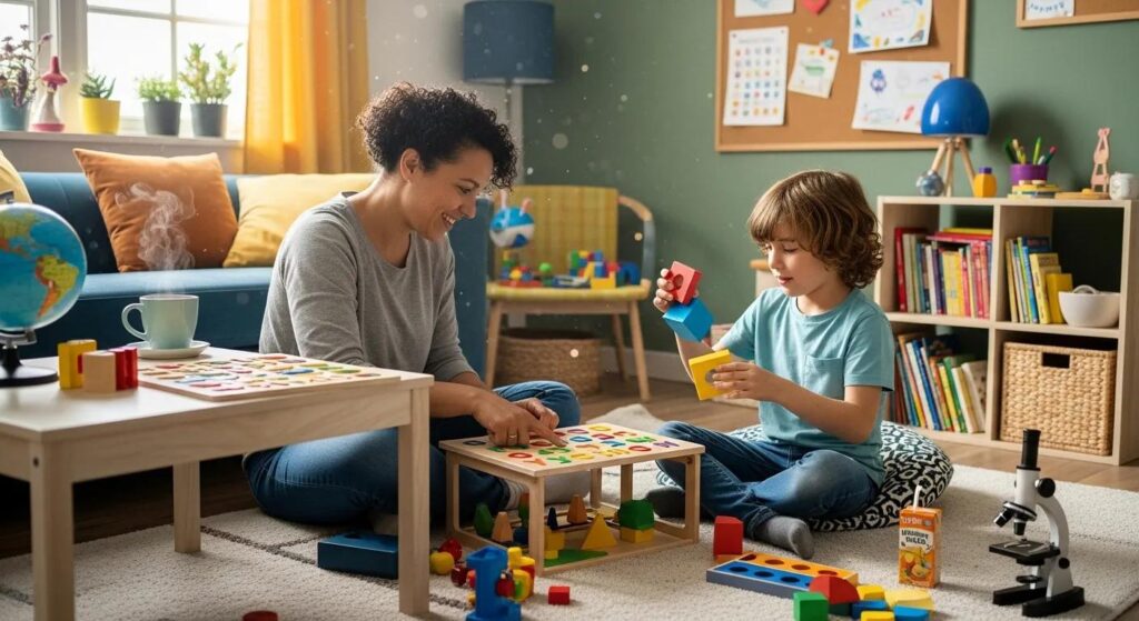 Parent and homeschooled child using educational toys together in a cozy learning area