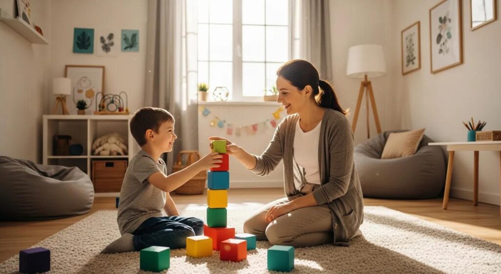 Therapist engaging with an autistic child in a playful therapy setting, emphasizing emotional connection and support