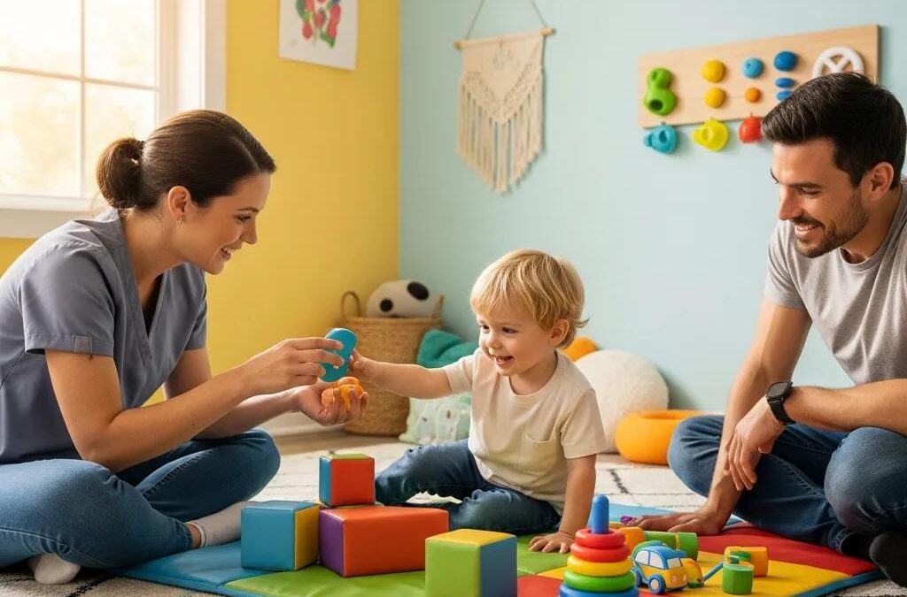 Child engaging in DIRFloortime therapy with a therapist and parent in a colorful playroom, using building blocks and toys to enhance emotional connections and developmental skills.