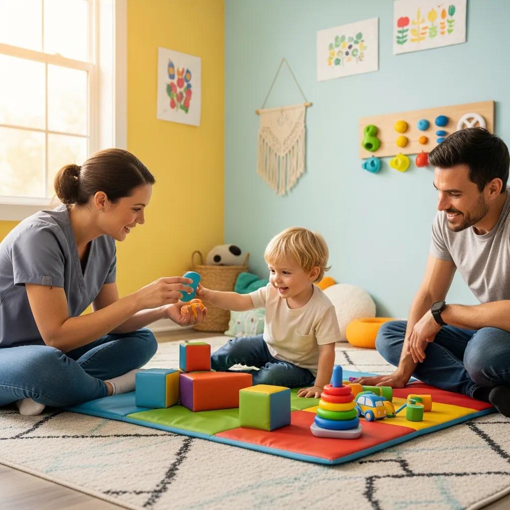 Child engaging in DIRFloortime therapy with parent and therapist in a colorful playroom