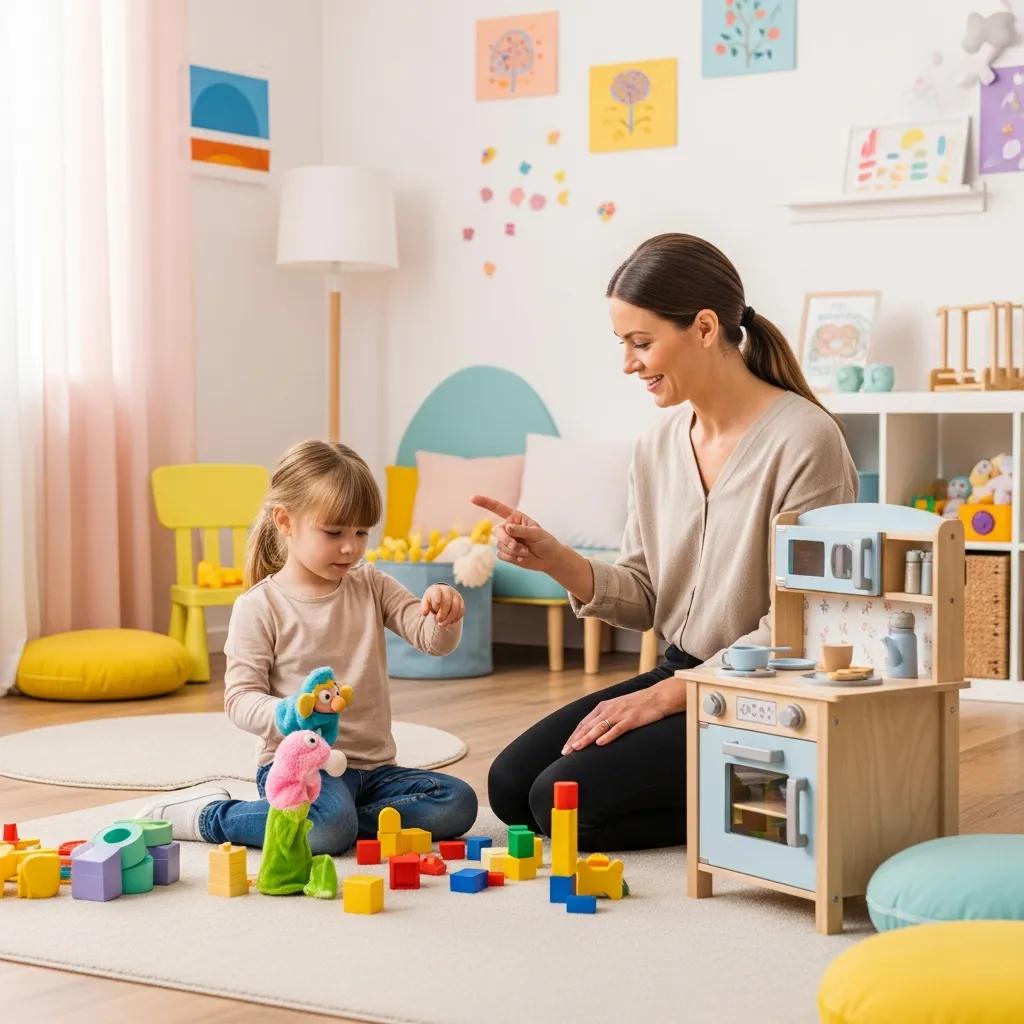Child engaging in play-based therapy with a therapist in a colorful environment