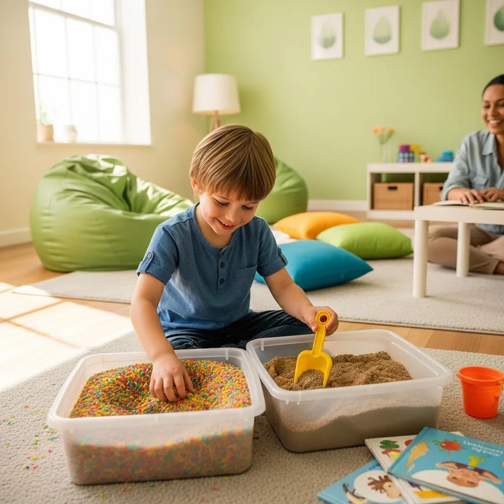 Child exploring sensory bins filled with rice and sand, engaging in sensory integration therapy