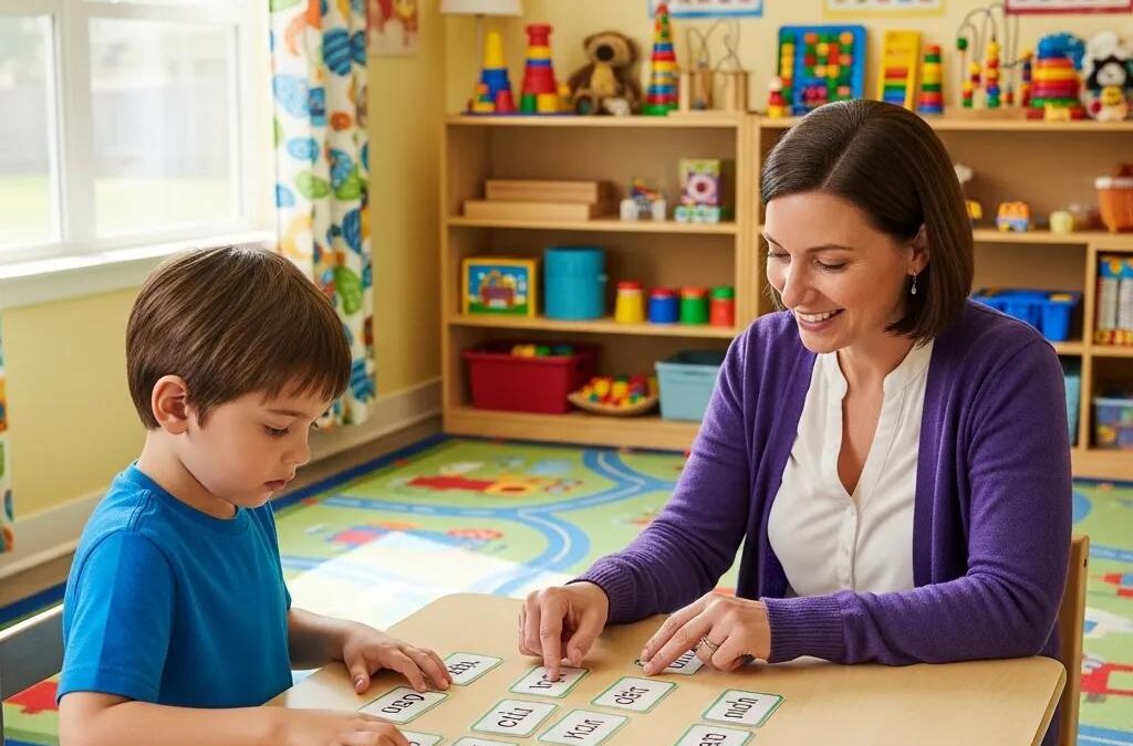Child engaged in speech therapy session with therapist, focusing on communication skills using word cards in a colorful classroom setting.