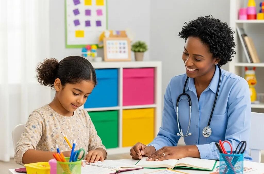 Child engaged in executive function therapy with a smiling therapist in a colorful, supportive environment, focusing on cognitive skills development.