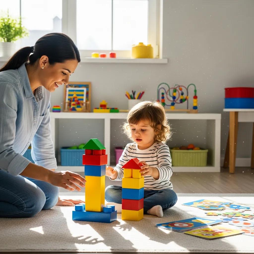 Parent and child engaging in a playful autism therapy session in a bright room