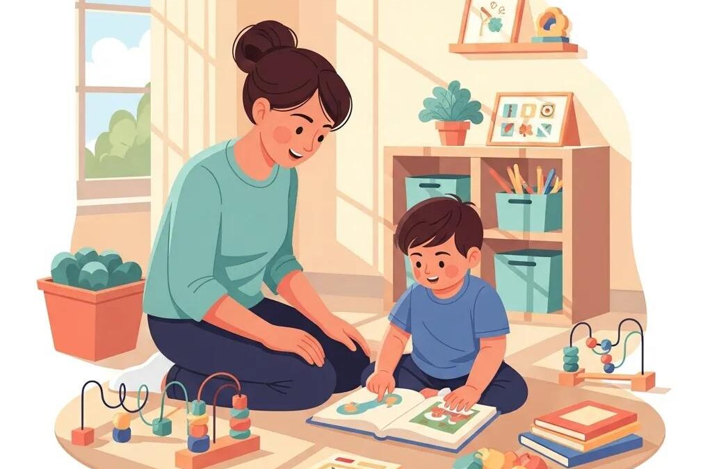 Parent and child engaged in playful learning activity, enhancing communication development through interactive play and educational materials.