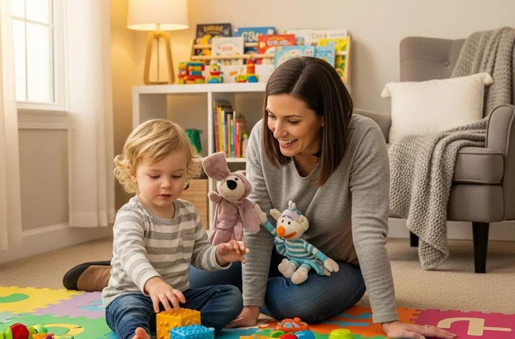 Parent and child engaging in DIRFloortime therapy, highlighting emotional connection and support through play with colorful toys and stuffed animals in a cozy setting.