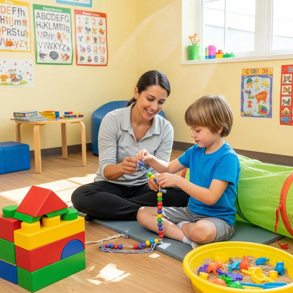 Pediatric occupational therapy session with a therapist and child using toys to improve motor skills