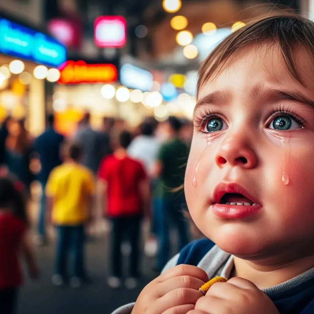 16bc730a-5e88-4c86-84c2-935d74b27982.webp Child with tears in his eyes, looking distressed in a busy market setting.