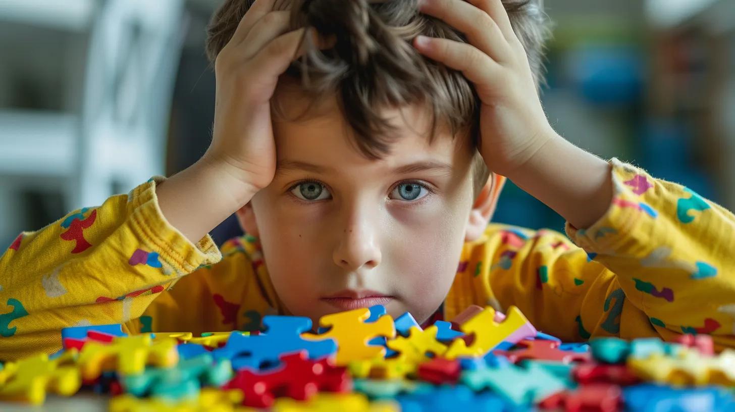 Young boy with concerned expression surrounded by puzzle pieces, illustrating developmental considerations for children with autism.