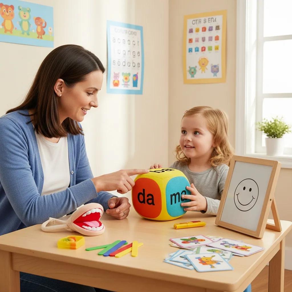Parent and child engaged in a speech therapy session, highlighting articulation and phonological disorders