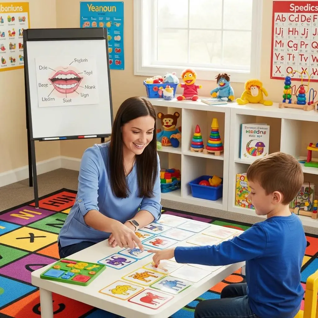 Speech-language pathologist demonstrating fluency-shaping strategies with an adult client in a therapy setting