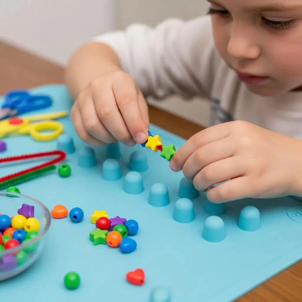 Child engaging in colorful bead and shape sorting activity on a blue mat.