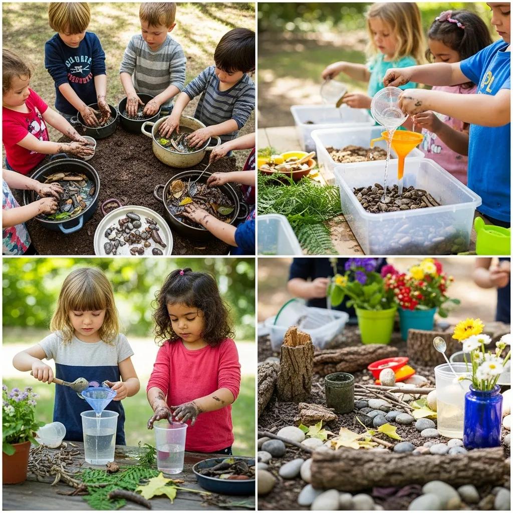 Children exploring textures and natural materials outdoors for sensory play