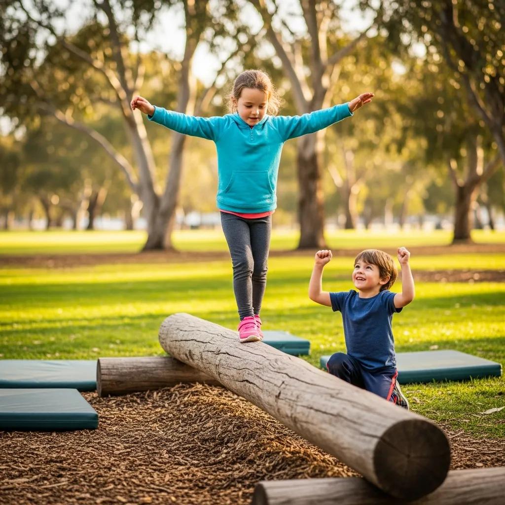 Children balancing on a log in a park to practice coordination and motor skills