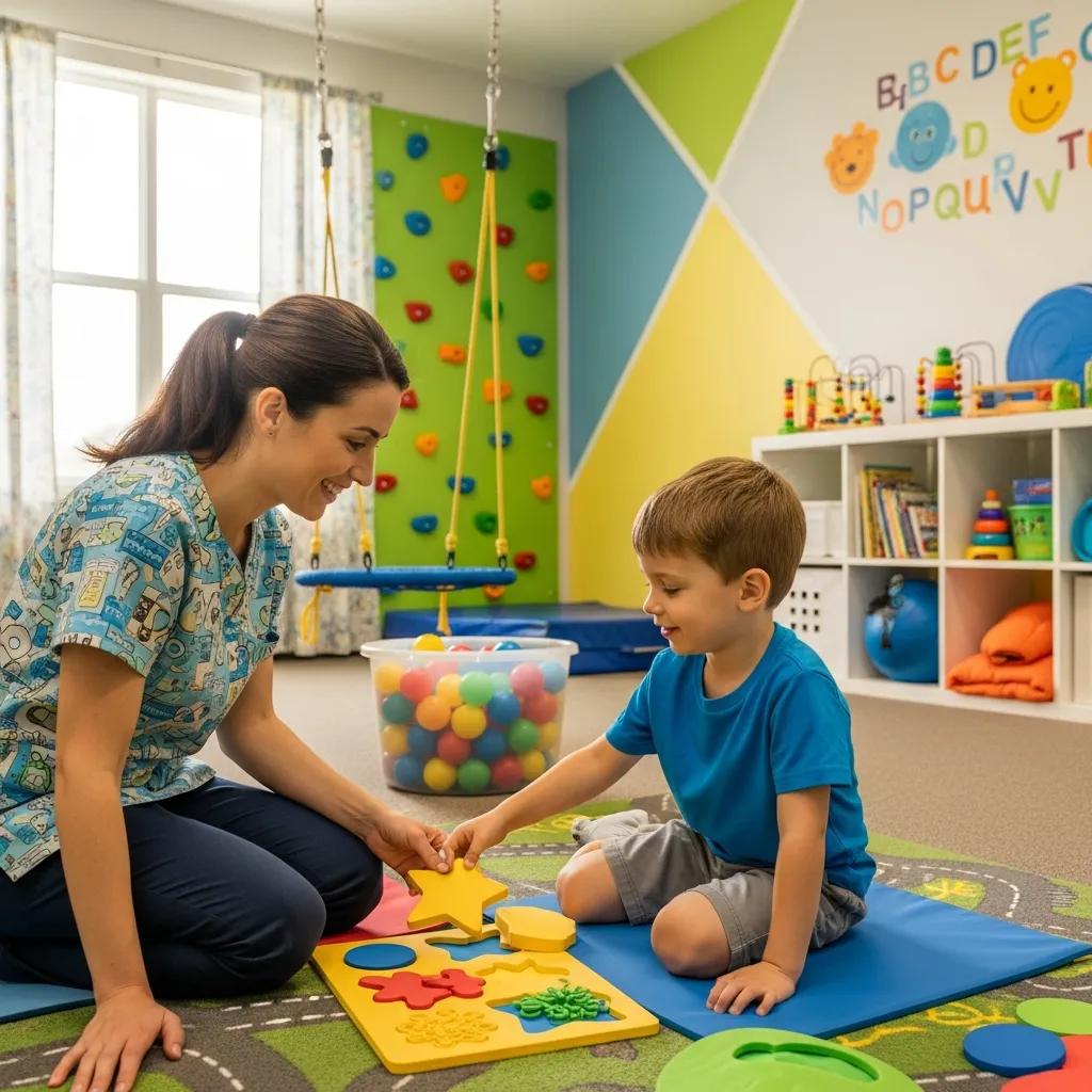 Pediatric occupational therapy session with a therapist and child in a colorful therapy room