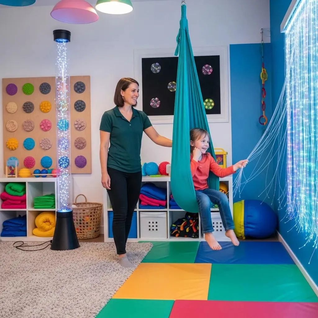 A woman helps a girl in a hammock, surrounded by colorful therapy equipment.