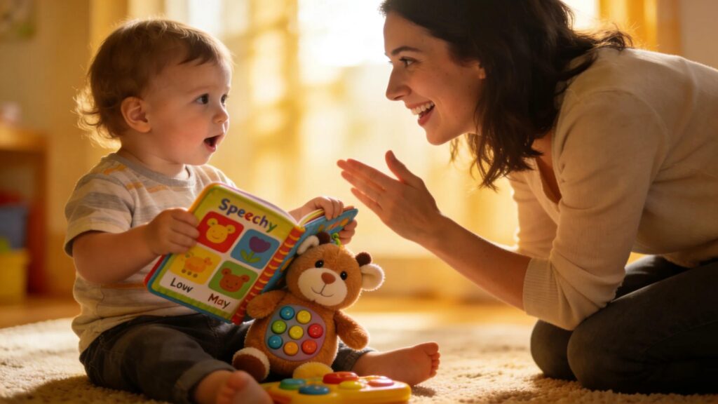 Toddler playing with speech development toys and parent encouraging communication