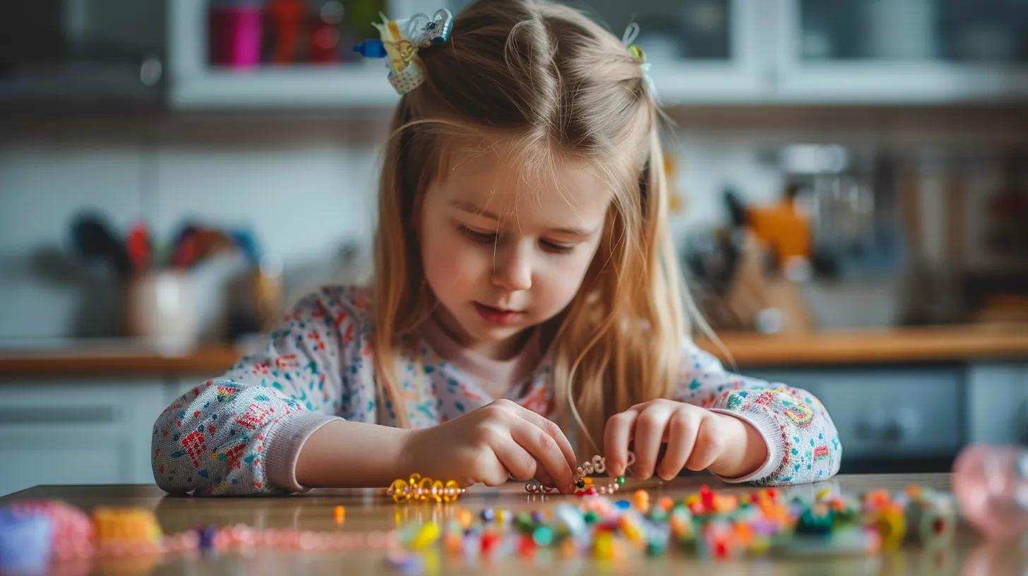 Child stringing beads at the kitchen table