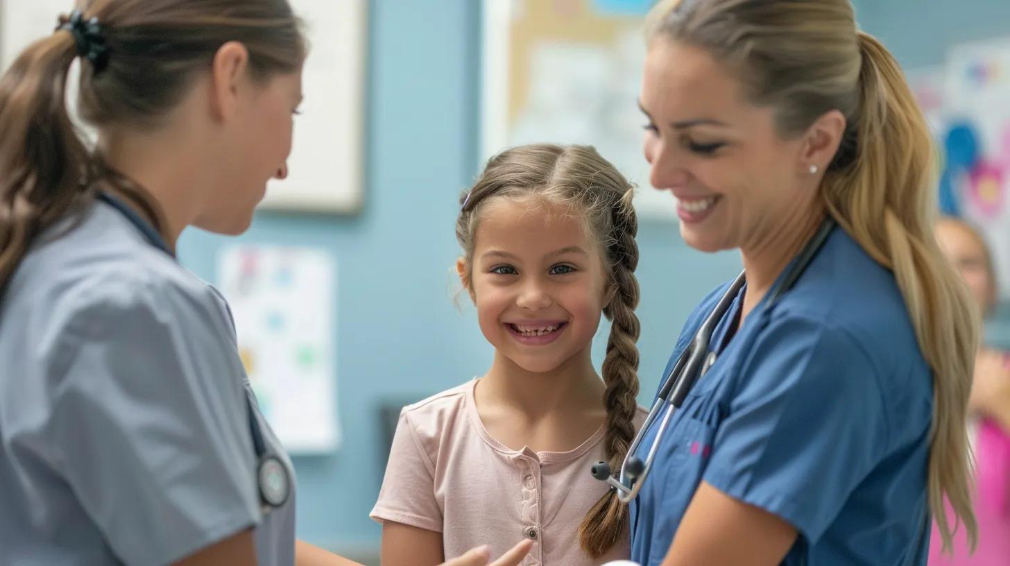A pediatric OT, PT, and Speech standing together greeting a 6 year old girl for therapy