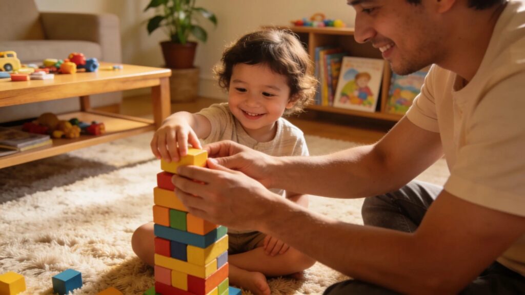 Parent and child playing together, practicing motor skills in a warm home setting
