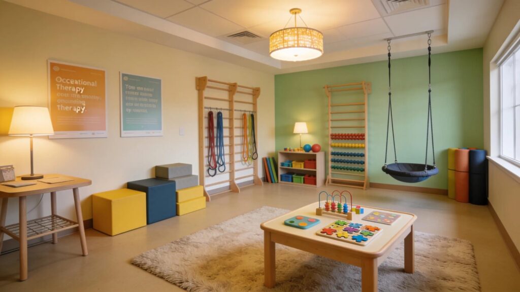 Warm and inviting pediatric occupational therapy room designed for evaluations, with child-friendly therapy tools and soft lighting