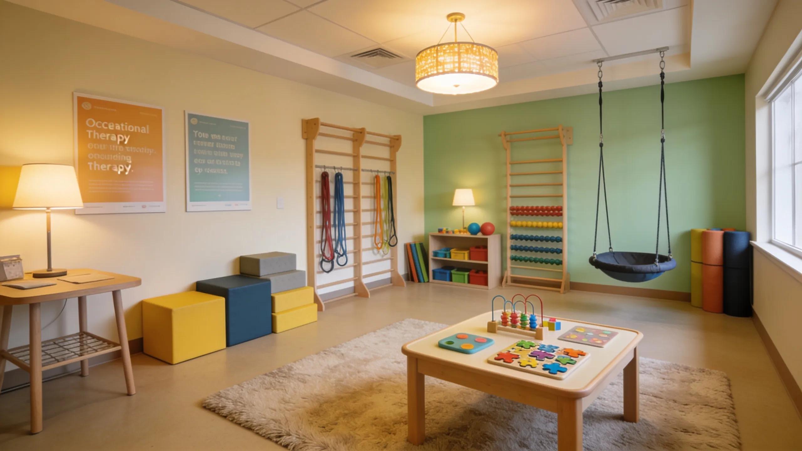 Warm and inviting pediatric occupational therapy room designed for evaluations, with child-friendly therapy tools and soft lighting