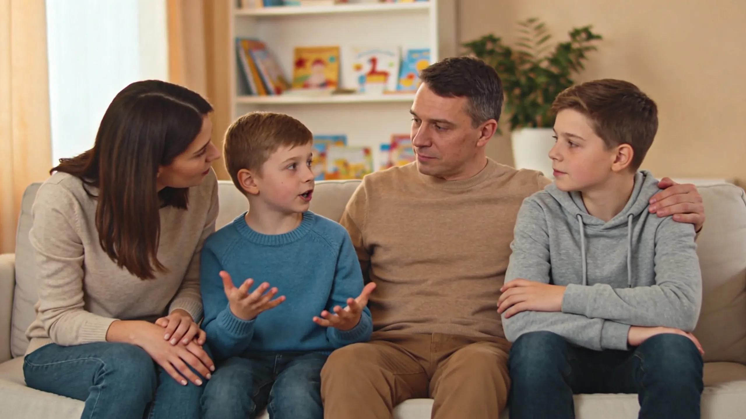 Parents having a calm, informative conversation with children about developmental differences