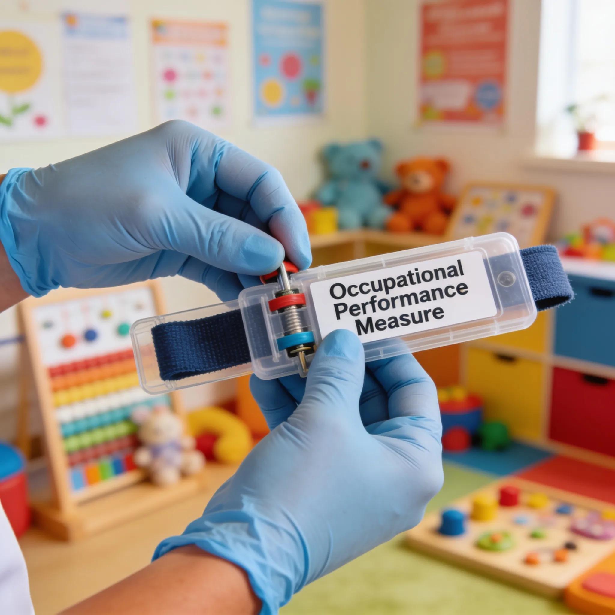 Pediatric therapist using playful, child-friendly assessment tools during an OT evaluation