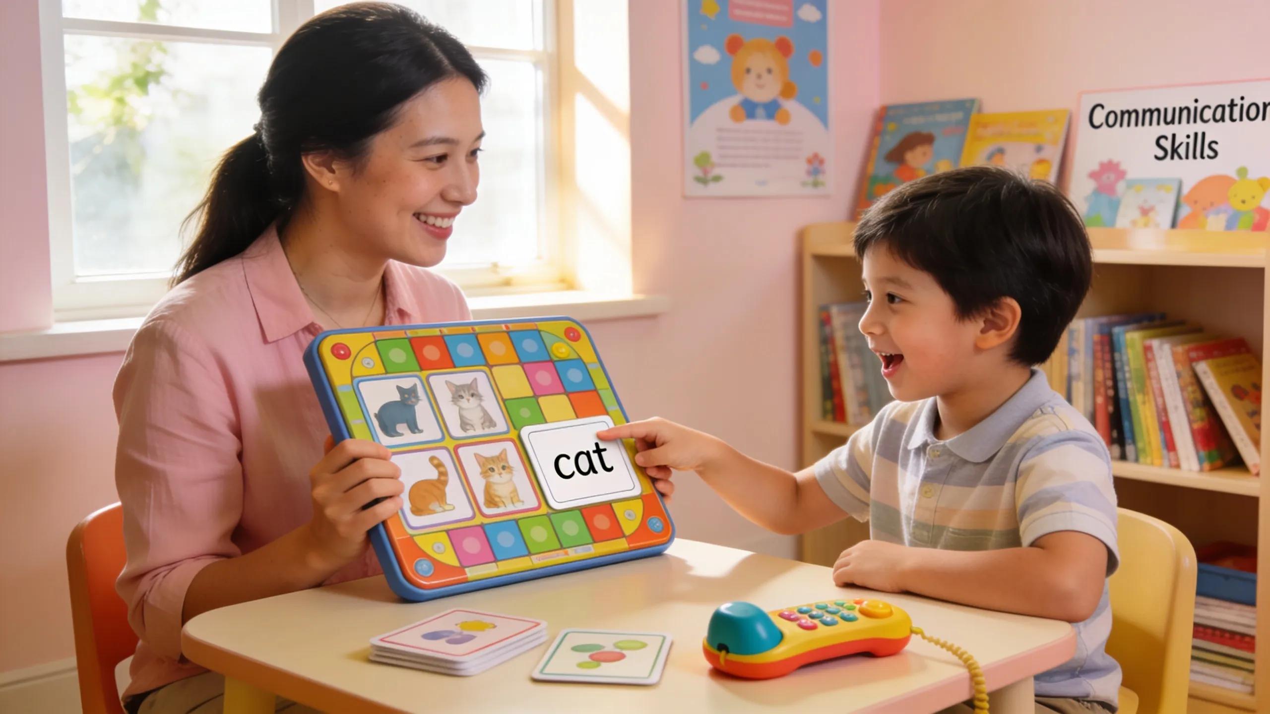 Child working on language and communication during a speech therapy session using play
