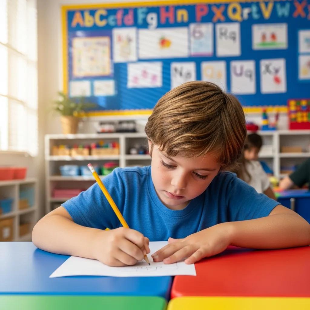 Child working on a classroom activity that practices visual‑motor skills