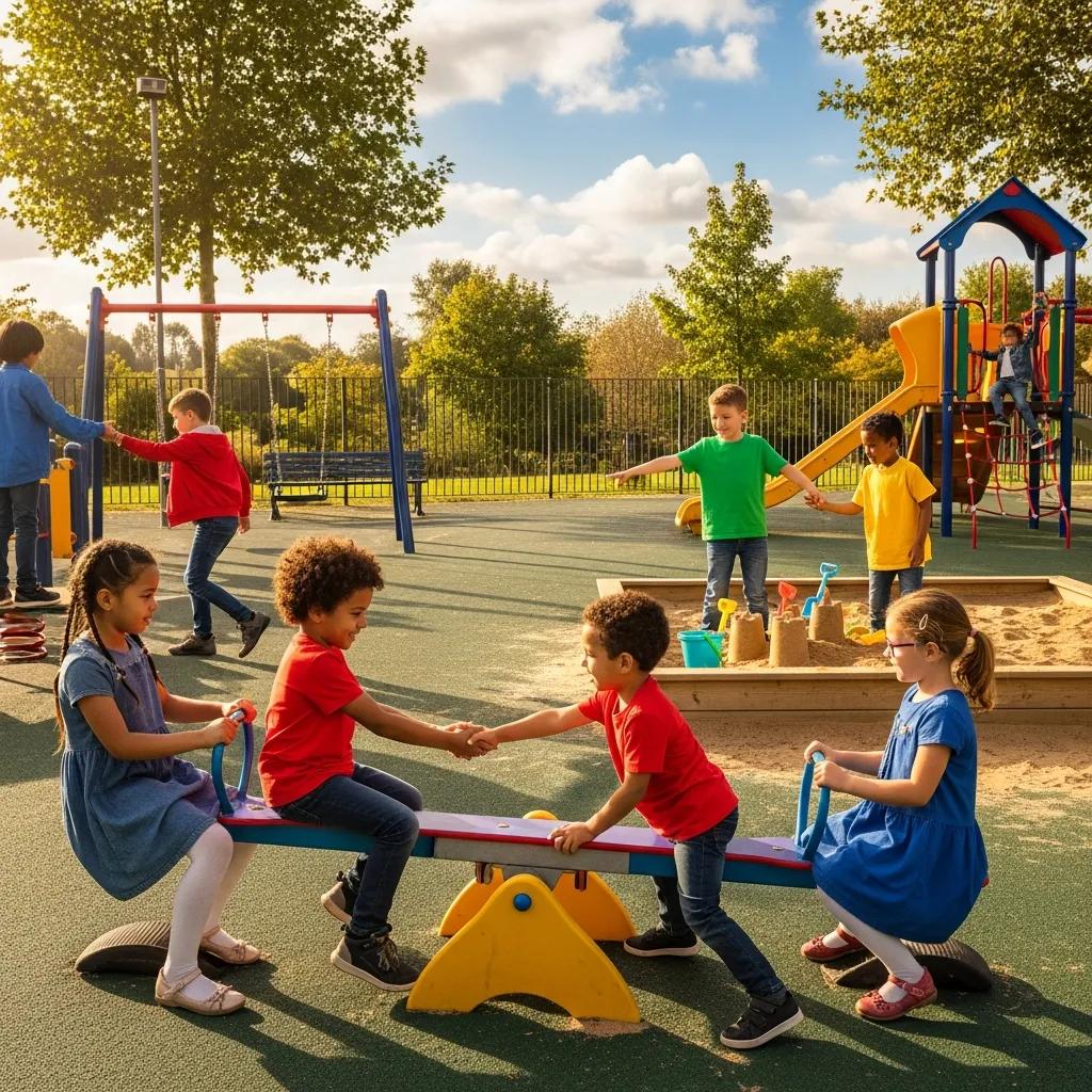 Children sharing and negotiating on the playground, demonstrating improved peer interaction thanks to conflict-resolution practice