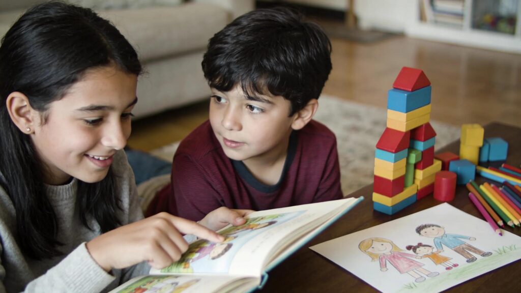Siblings engaging in supportive activities, fostering understanding of developmental differences