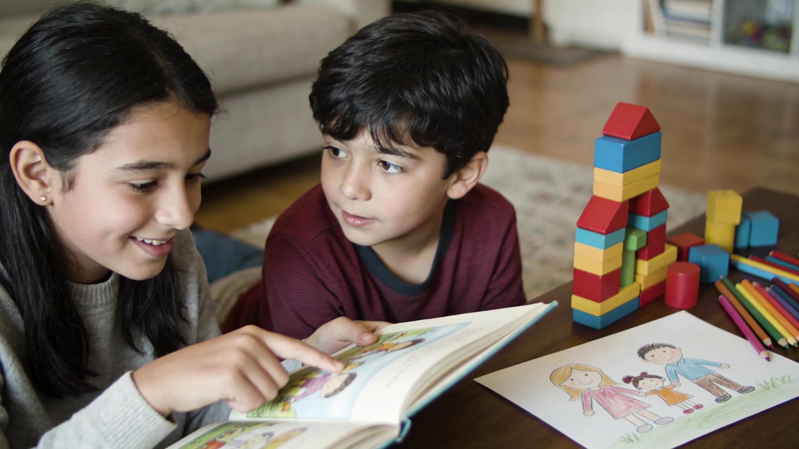 Siblings engaging in supportive activities, fostering understanding of developmental differences