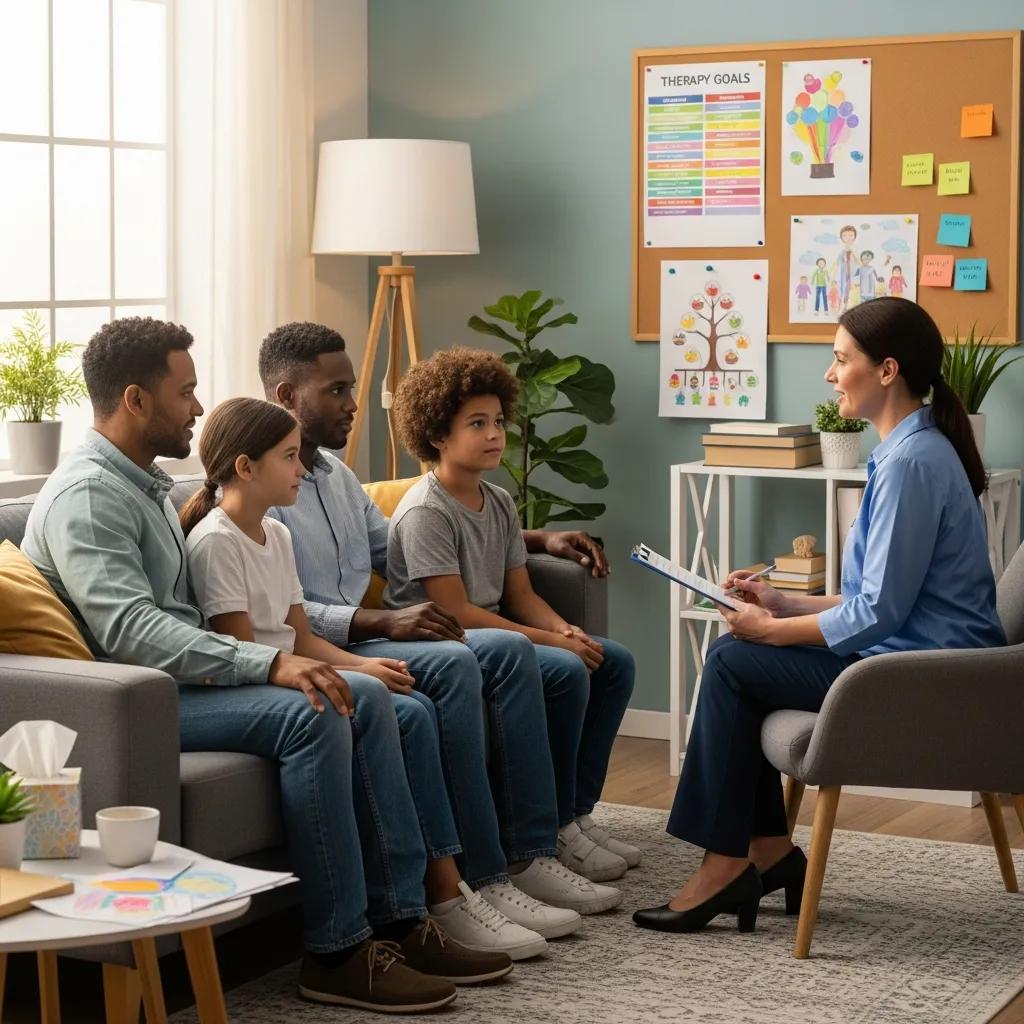 Therapist and family in a discussion, planning goals together in a family-centered therapy session