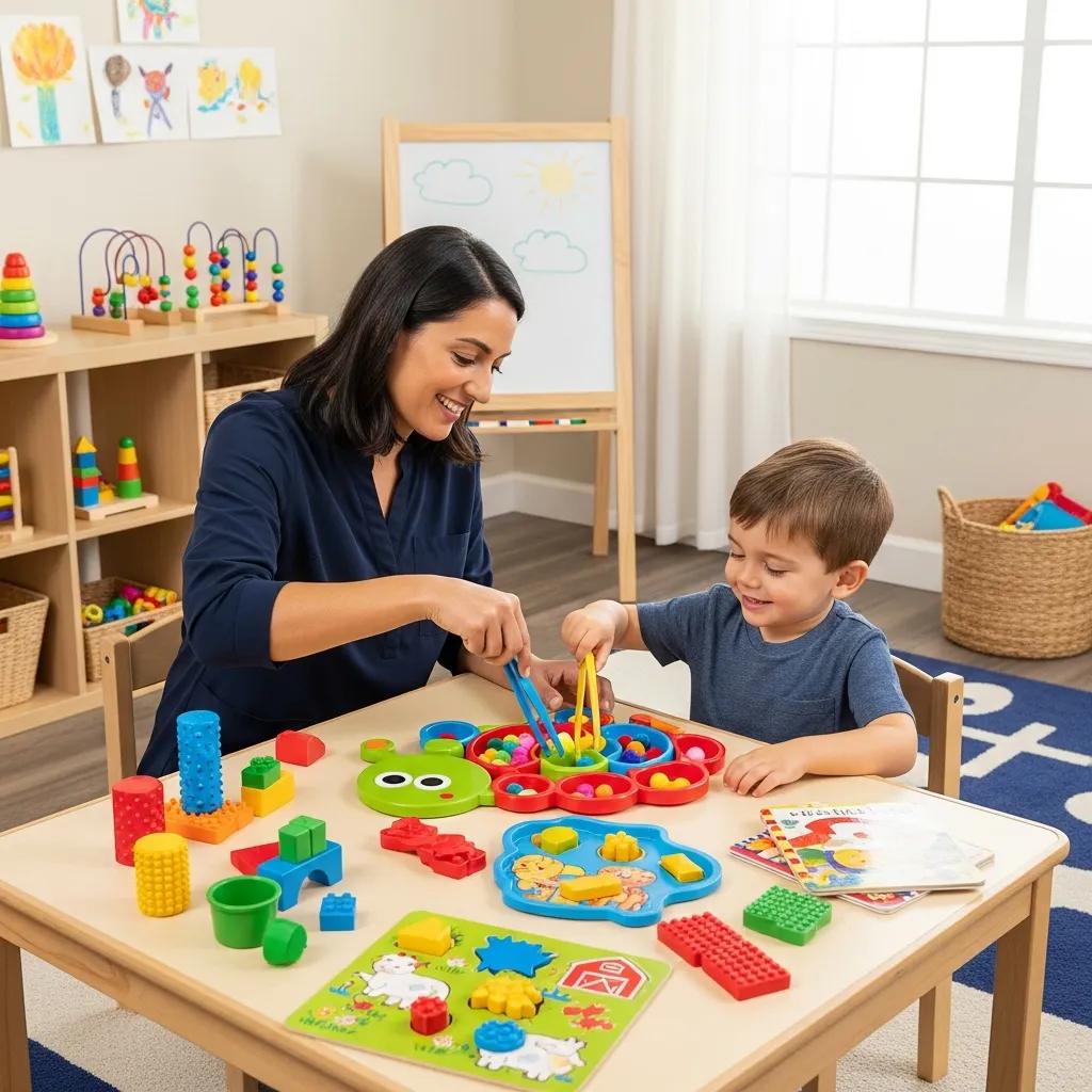 Occupational therapist guiding a child through visual‑motor activities