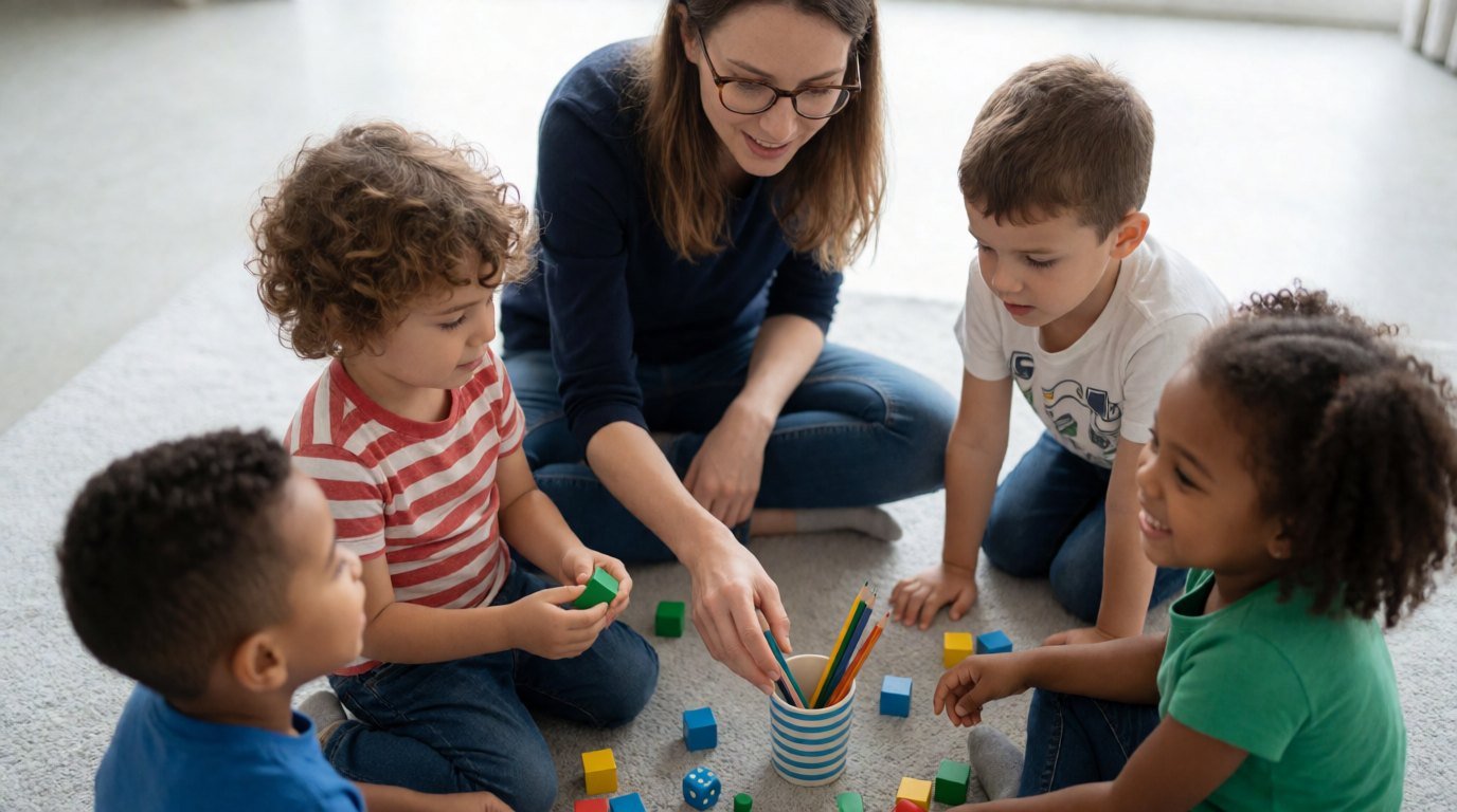 Children playing cooperatively with a therapist during a social skills group session