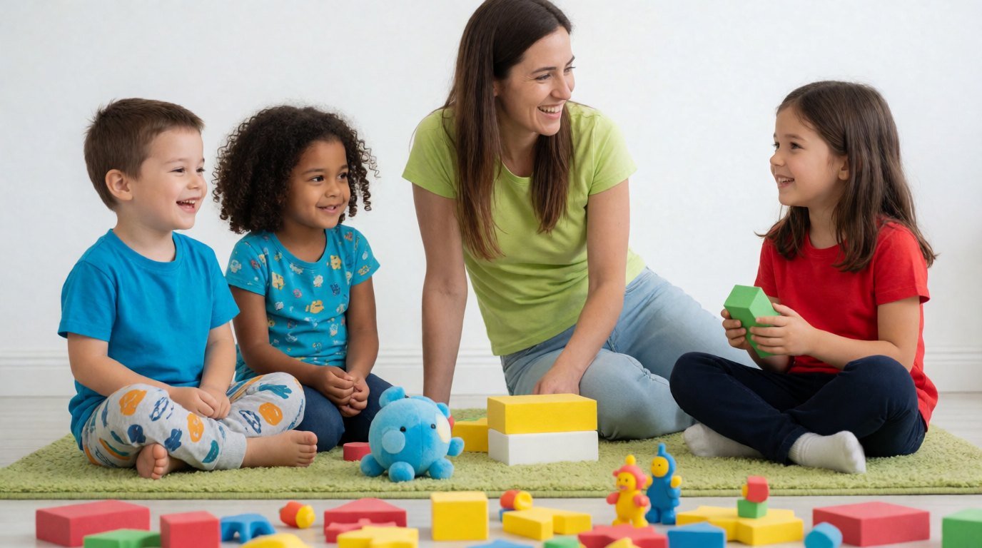 A therapist and a small group of young children playing together during a social skills group